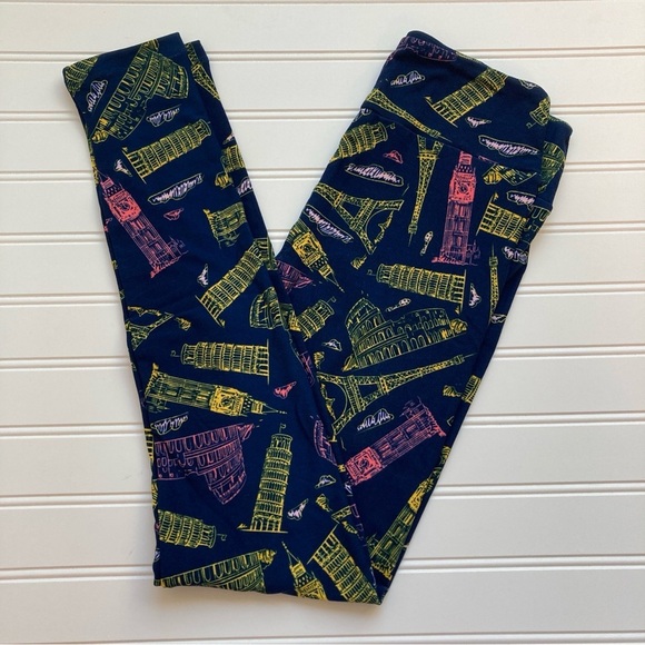 NWT LulaRoe OS Leggings navy blue Eiffel Tower Pisa Colosseum Europe Paris Rome - Picture 1 of 4